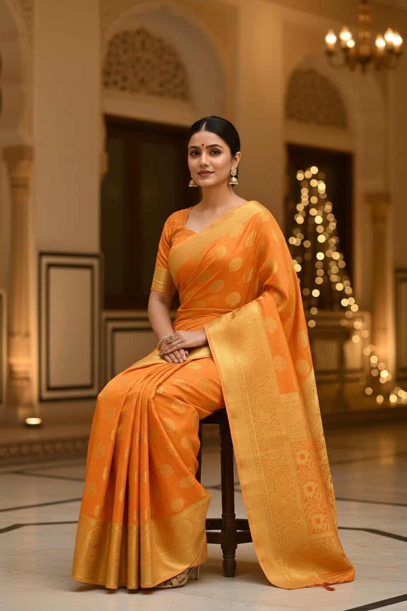 MIMOSA Women's Woven Design Kanjivaram Style Art Silk  Saree with Blouse Piece - Gold ( SA00003142GDFREE )