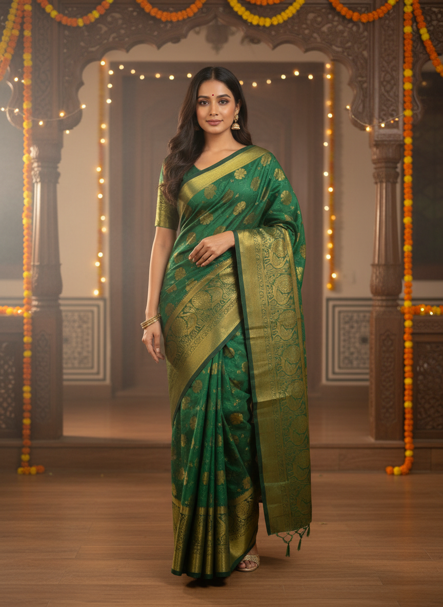 MIMOSA Women's Woven Design Kanjivaram Style Art Silk  Saree with Blouse Piece - Green ( SA00003142GRNFREE )