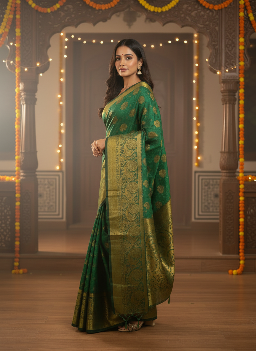 MIMOSA Women's Woven Design Kanjivaram Style Art Silk  Saree with Blouse Piece - Green ( SA00003142GRNFREE )