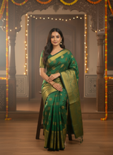 MIMOSA Women's Woven Design Kanjivaram Style Art Silk  Saree with Blouse Piece - Green ( SA00003142GRNFREE )