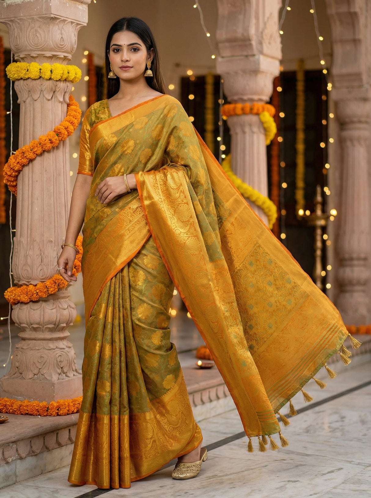MIMOSA Women's Woven Design Kanjivaram Style Art Silk  Saree with Blouse Piece - Mustard ( SA00003142MSFREE )