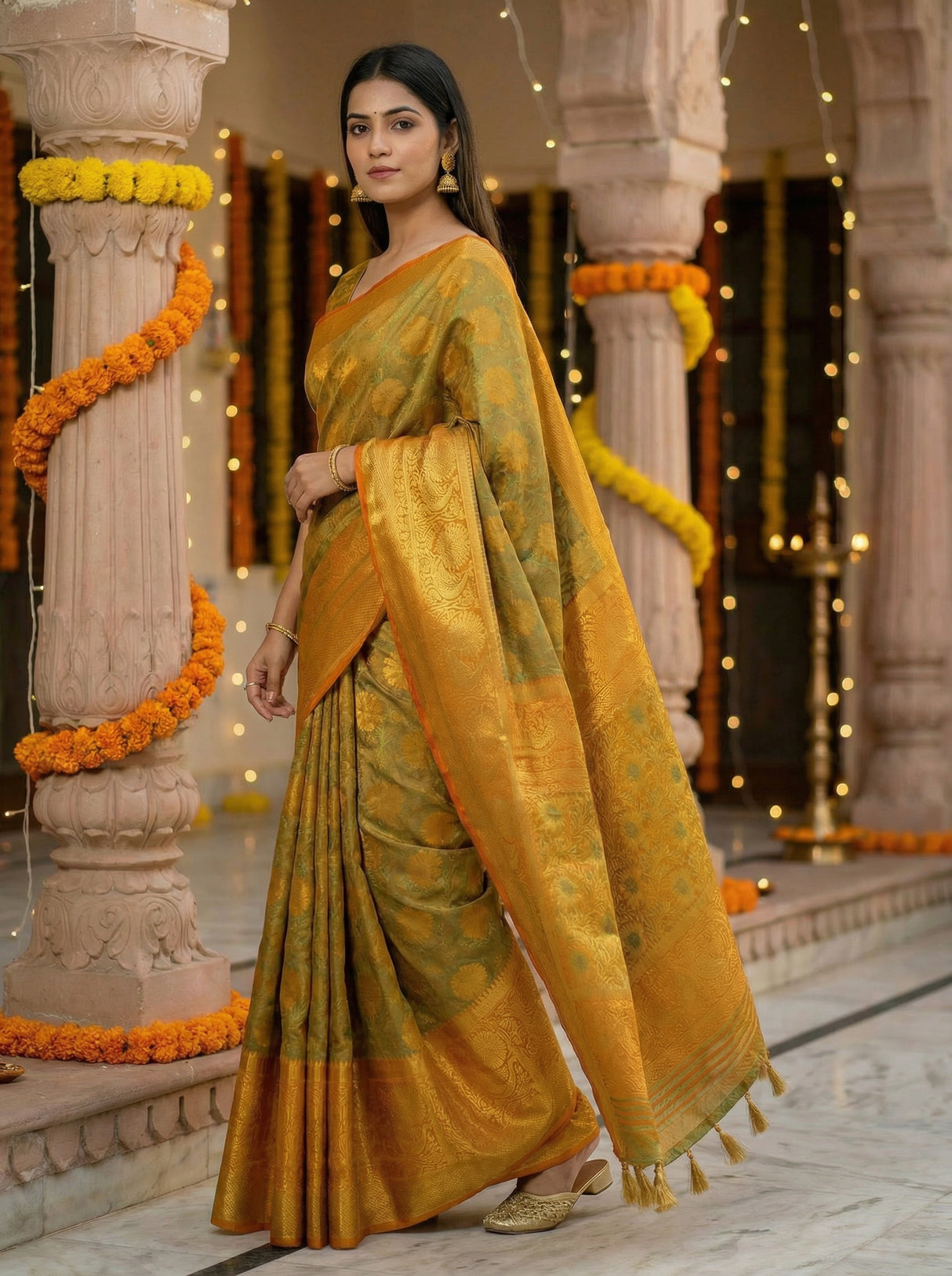 MIMOSA Women's Woven Design Kanjivaram Style Art Silk  Saree with Blouse Piece - Mustard ( SA00003142MSFREE )