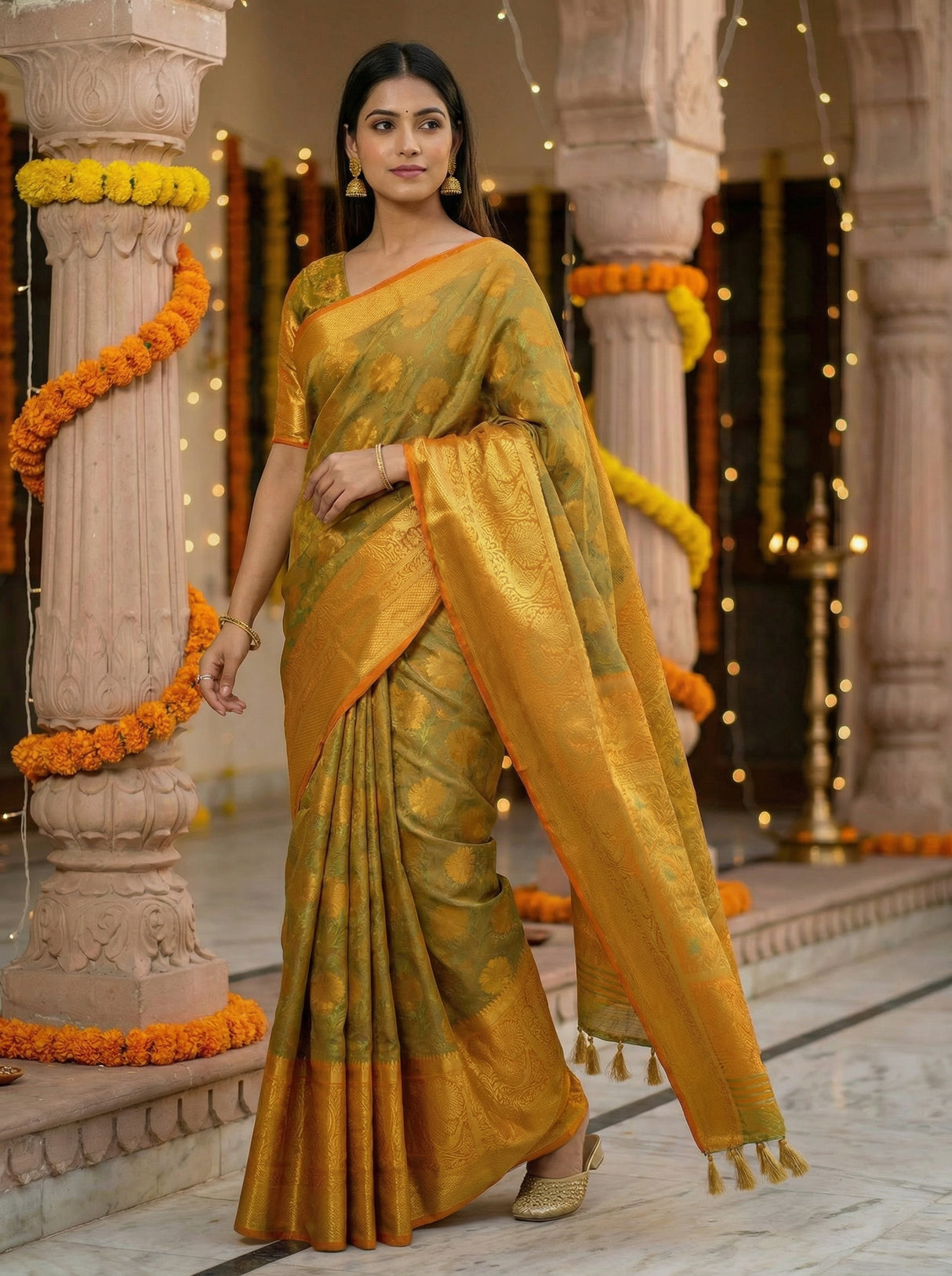 MIMOSA Women's Woven Design Kanjivaram Style Art Silk  Saree with Blouse Piece - Mustard ( SA00003142MSFREE )