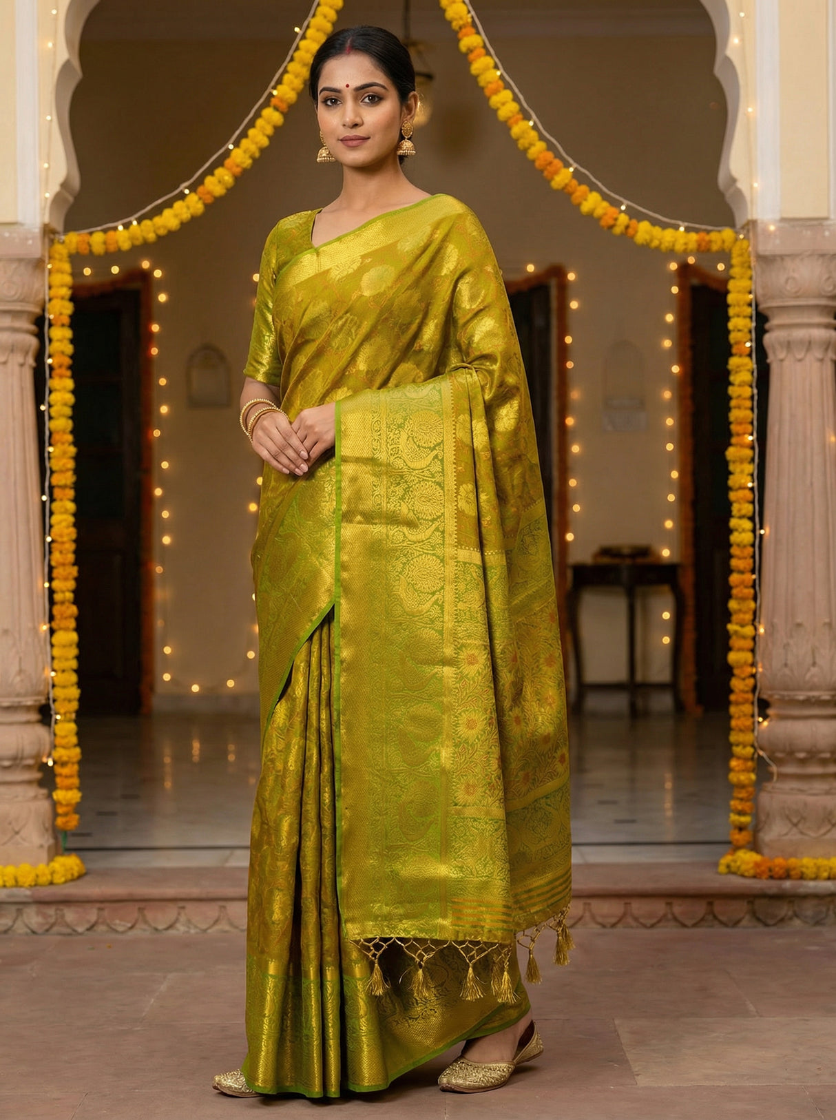 MIMOSA Women's Woven Design Kanjivaram Style Art Silk  Saree with Blouse Piece - Olive ( SA00003142OLFREE )