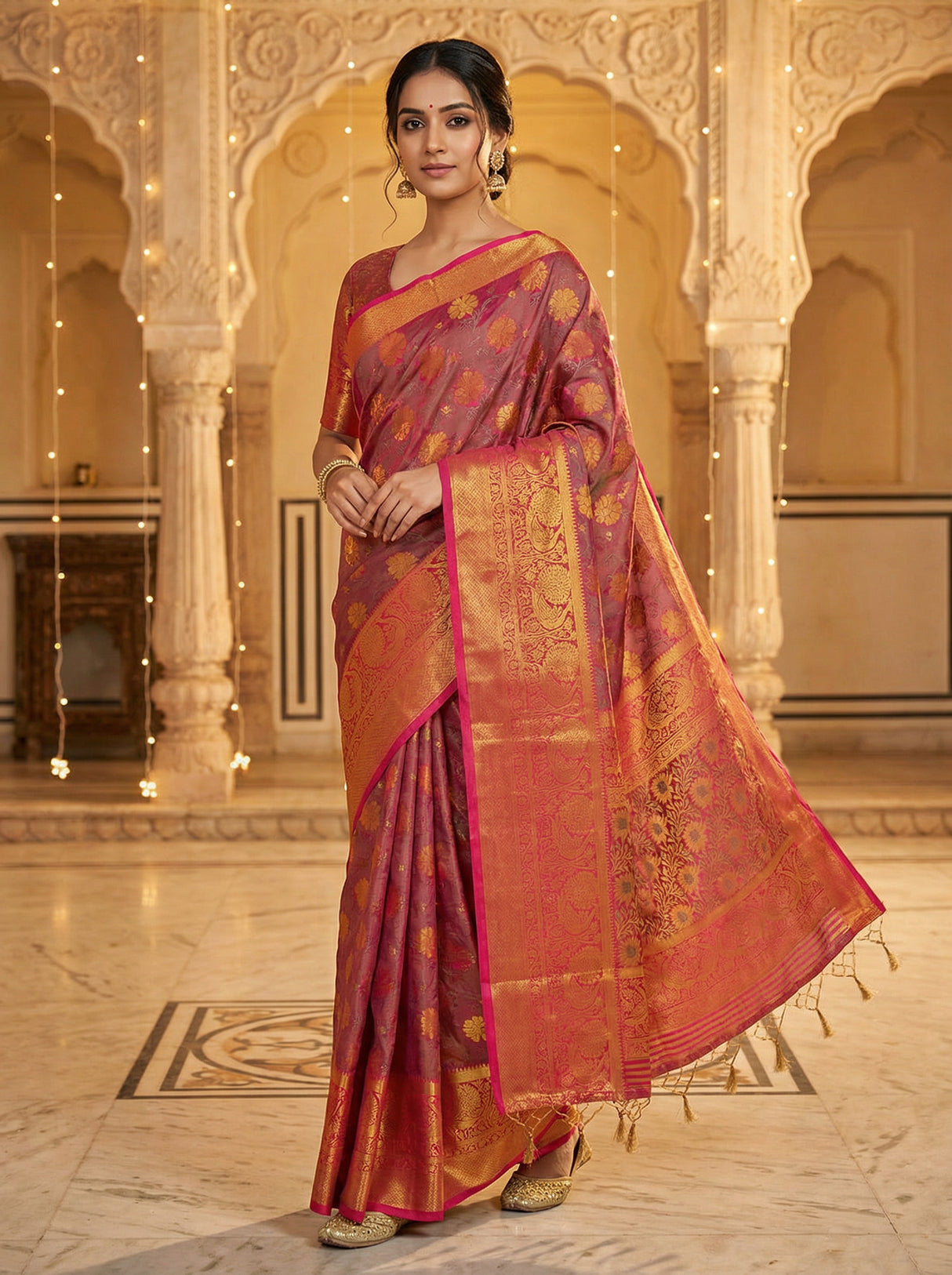 MIMOSA Women's Woven Design Kanjivaram Style Art Silk  Saree with Blouse Piece - Rani ( SA00003142RNFREE )
