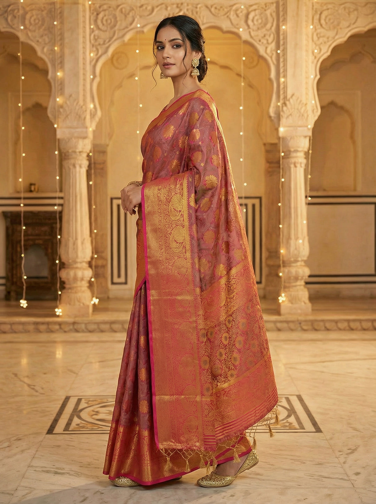 MIMOSA Women's Woven Design Kanjivaram Style Art Silk  Saree with Blouse Piece - Rani ( SA00003142RNFREE )