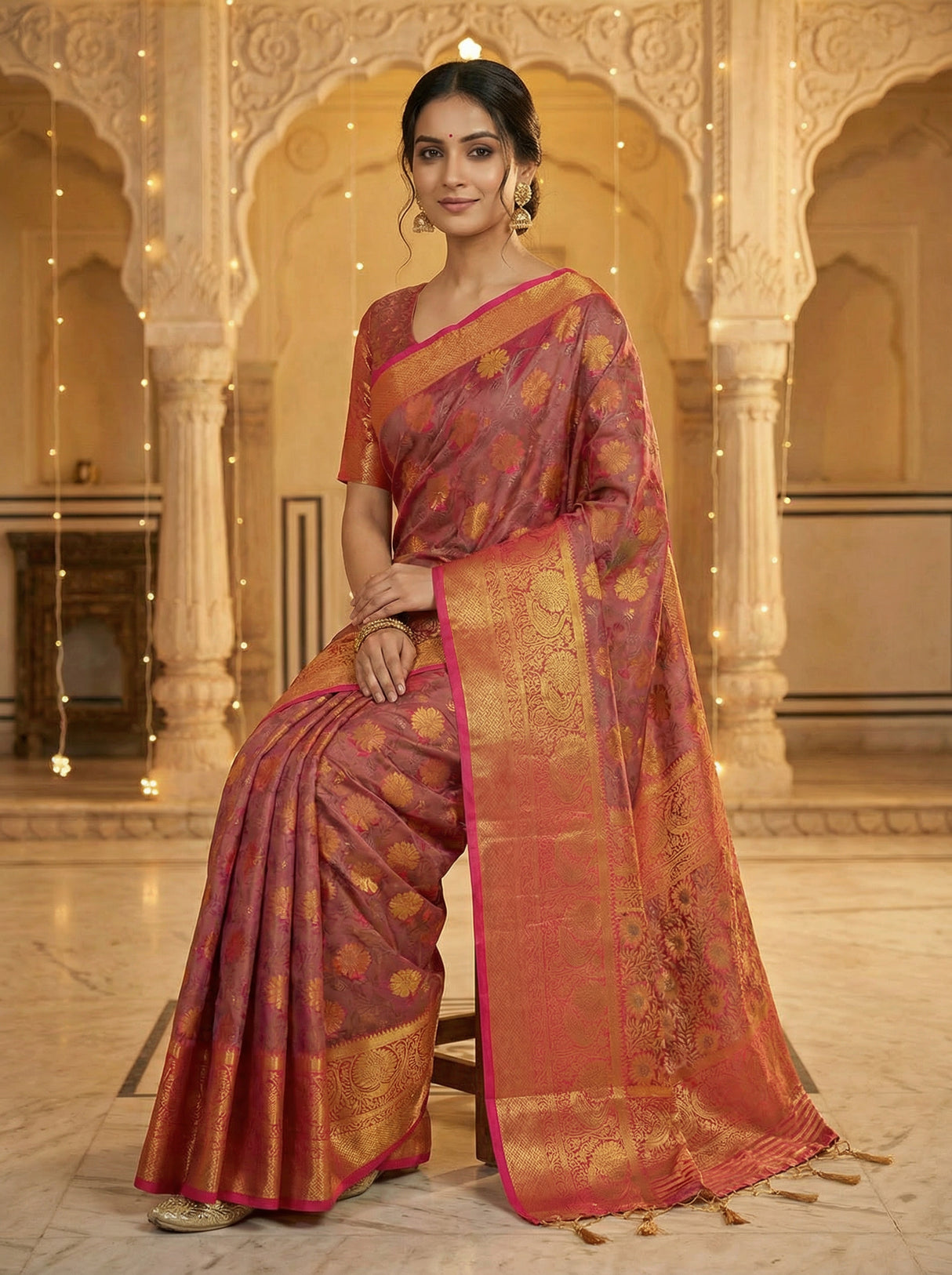 MIMOSA Women's Woven Design Kanjivaram Style Art Silk  Saree with Blouse Piece - Rani ( SA00003142RNFREE )