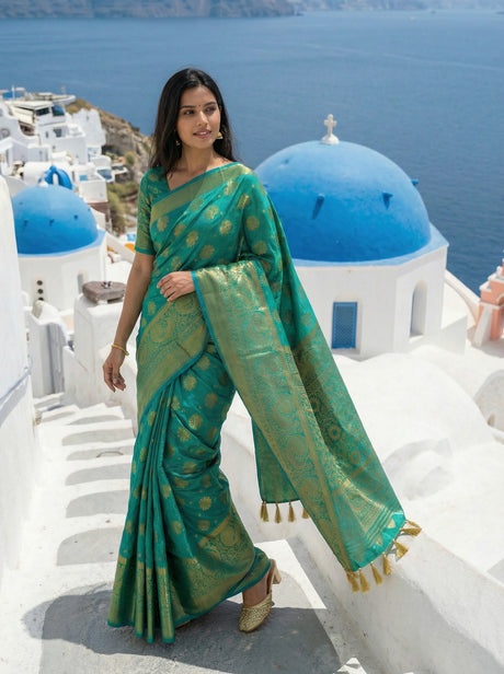 MIMOSA Women's Woven Design Kanjivaram Style Art Silk  Saree with Blouse Piece - Saffire ( SA00003142SFFREE )