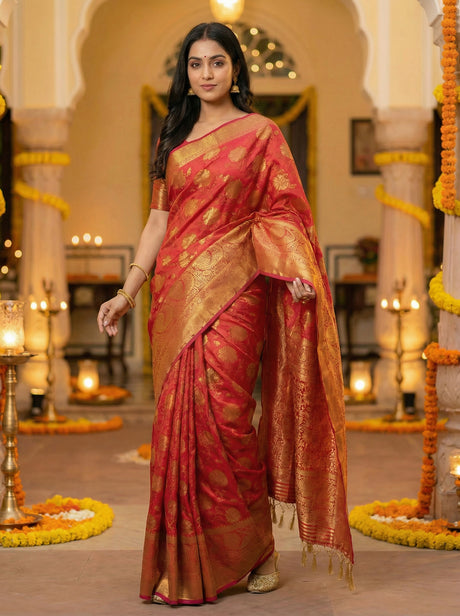 MIMOSA Women's Woven Design Kanjivaram Style Art Silk  Saree with Blouse Piece - Strawberry ( SA00003142STFREE )