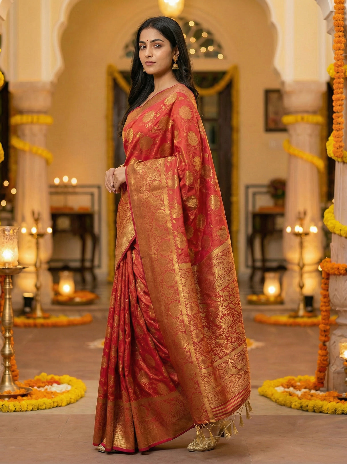 MIMOSA Women's Woven Design Kanjivaram Style Art Silk  Saree with Blouse Piece - Strawberry ( SA00003142STFREE )