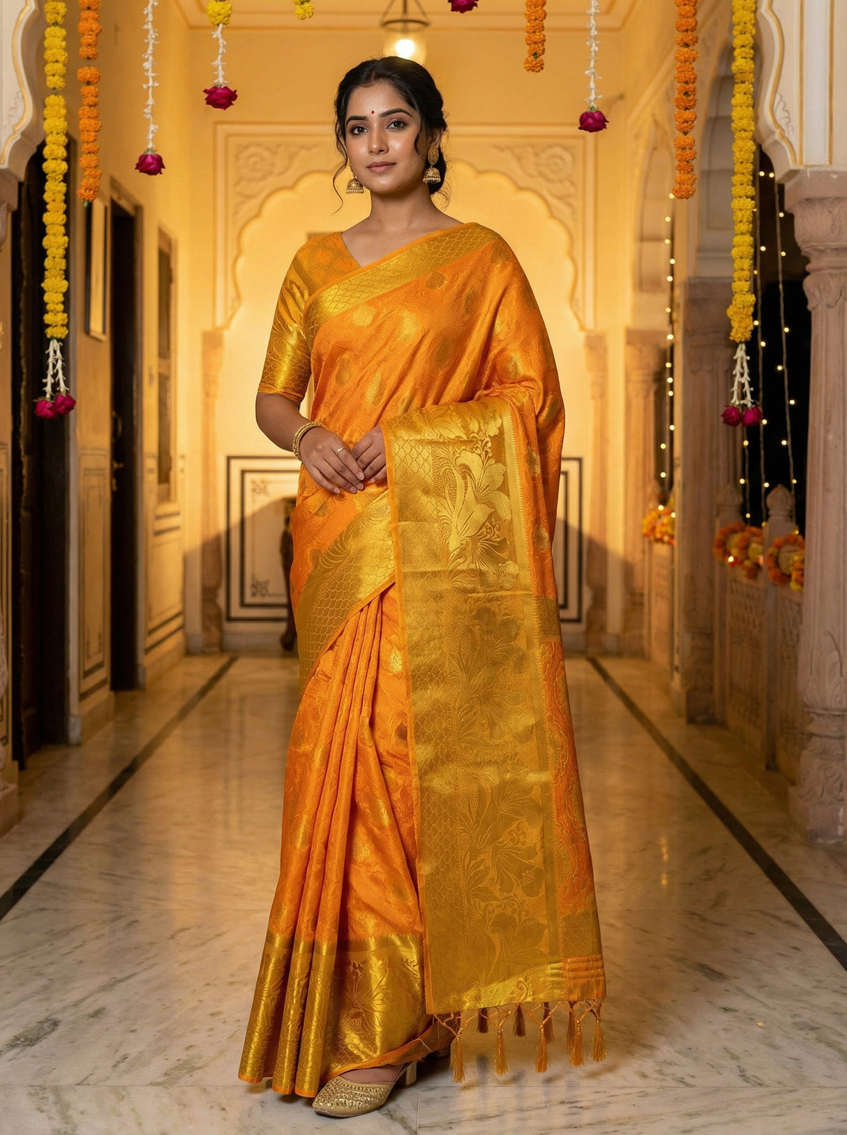 MIMOSA Women's Woven Design Kanjivaram Style Art Silk  Saree with Blouse Piece - Gold ( SA00003143GDFREE )