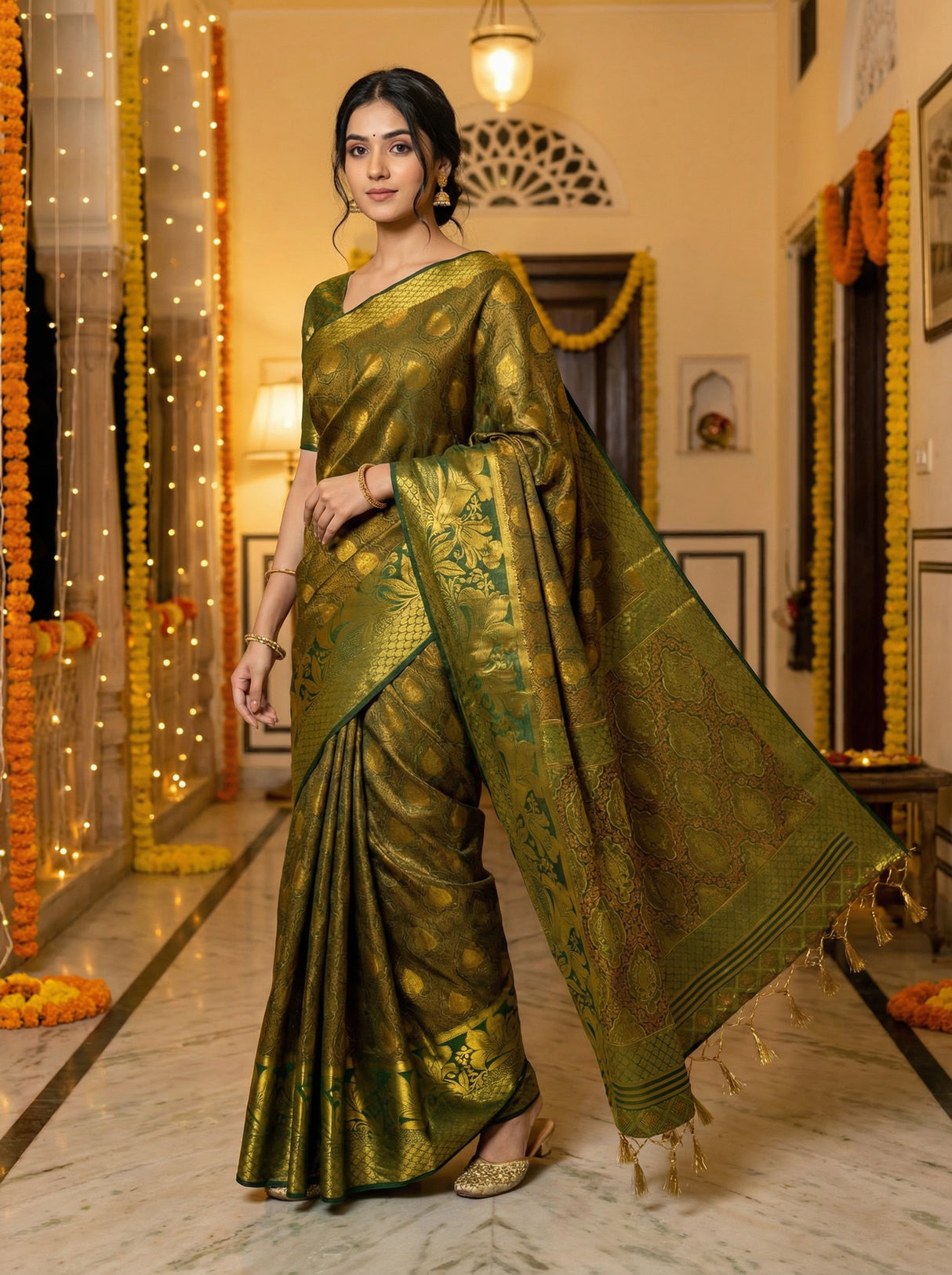 MIMOSA Women's Woven Design Kanjivaram Style Art Silk  Saree with Blouse Piece - Green ( SA00003143GRNFREE )