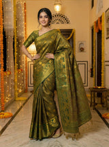 MIMOSA Women's Woven Design Kanjivaram Style Art Silk  Saree with Blouse Piece - Green ( SA00003143GRNFREE )