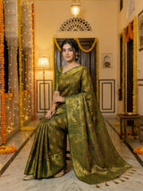 MIMOSA Women's Woven Design Kanjivaram Style Art Silk  Saree with Blouse Piece - Green ( SA00003143GRNFREE )