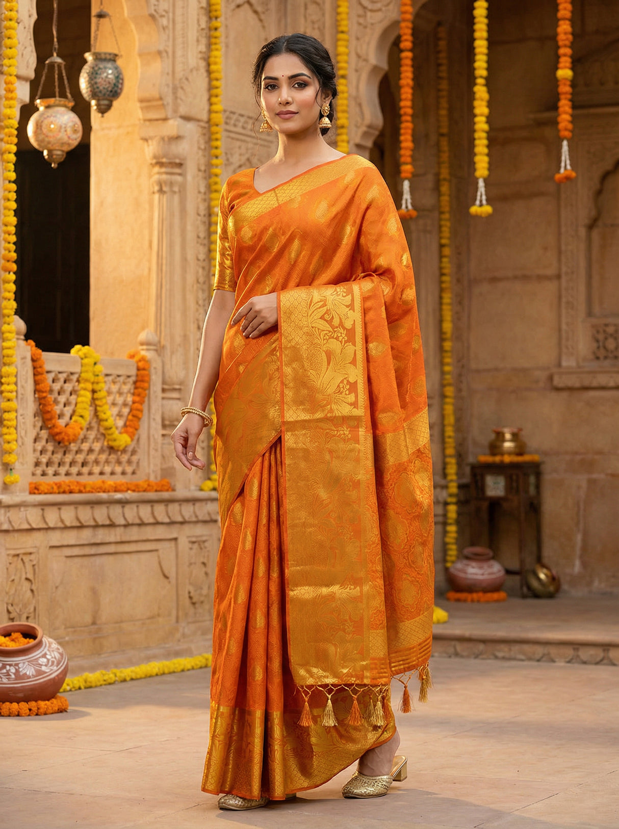 MIMOSA Women's Woven Design Kanjivaram Style Art Silk  Saree with Blouse Piece - Mustard ( SA00003143MSFREE )