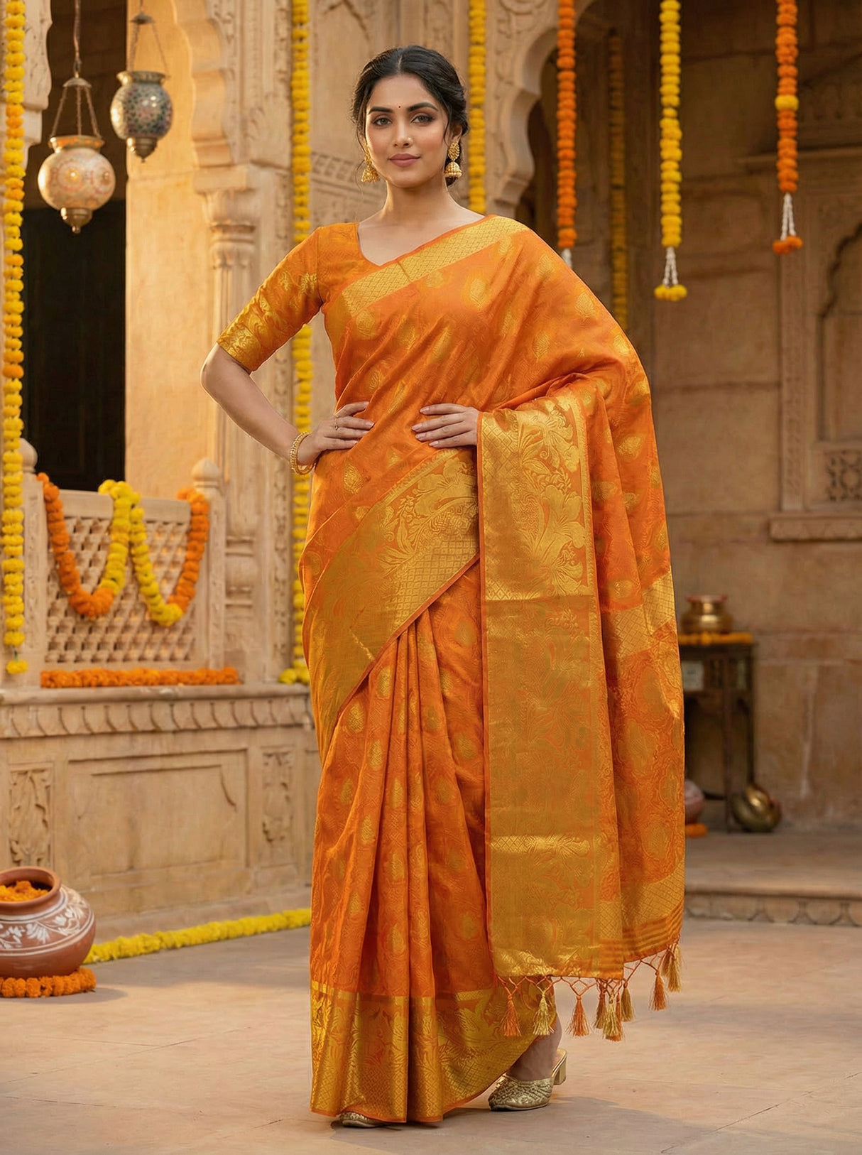 MIMOSA Women's Woven Design Kanjivaram Style Art Silk  Saree with Blouse Piece - Mustard ( SA00003143MSFREE )