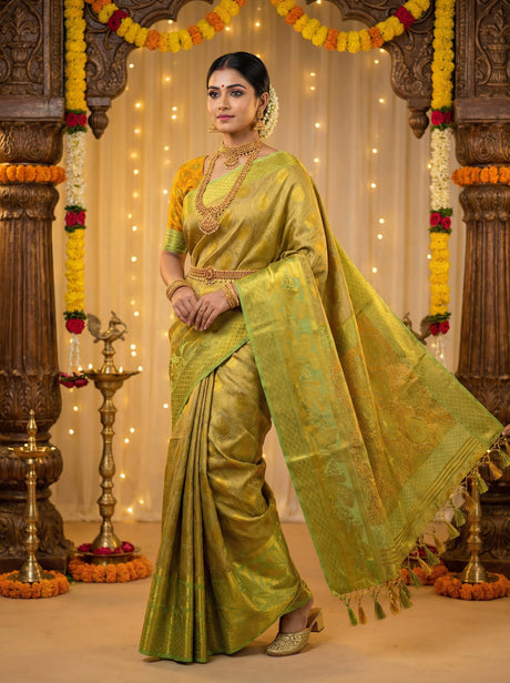 MIMOSA Women's Woven Design Kanjivaram Style Art Silk  Saree with Blouse Piece - Pista ( SA00003143PSFREE )