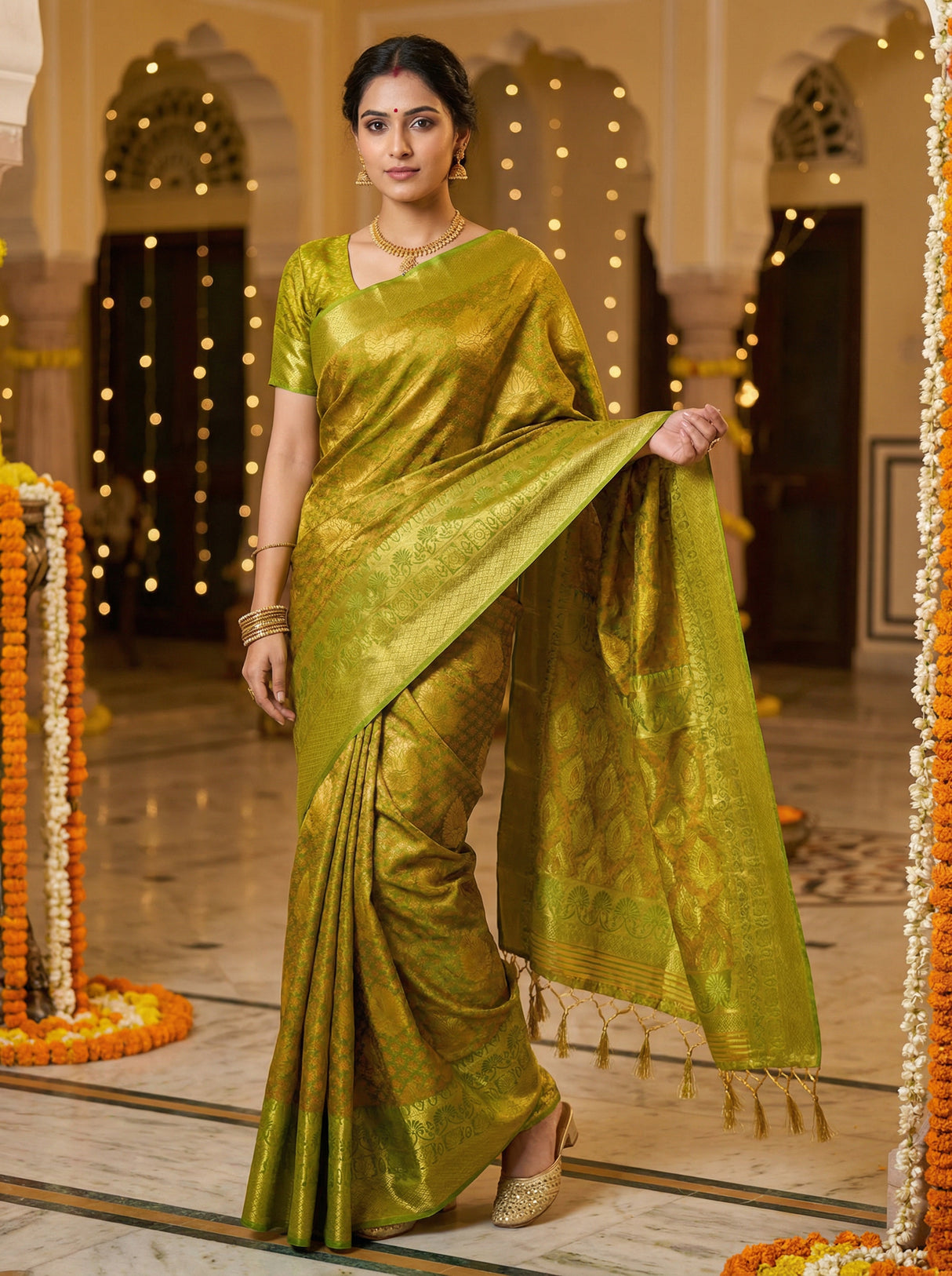 MIMOSA Women's Woven Design Kanjivaram Style Art Silk  Saree with Blouse Piece - Olive ( SA00003144OLFREE )
