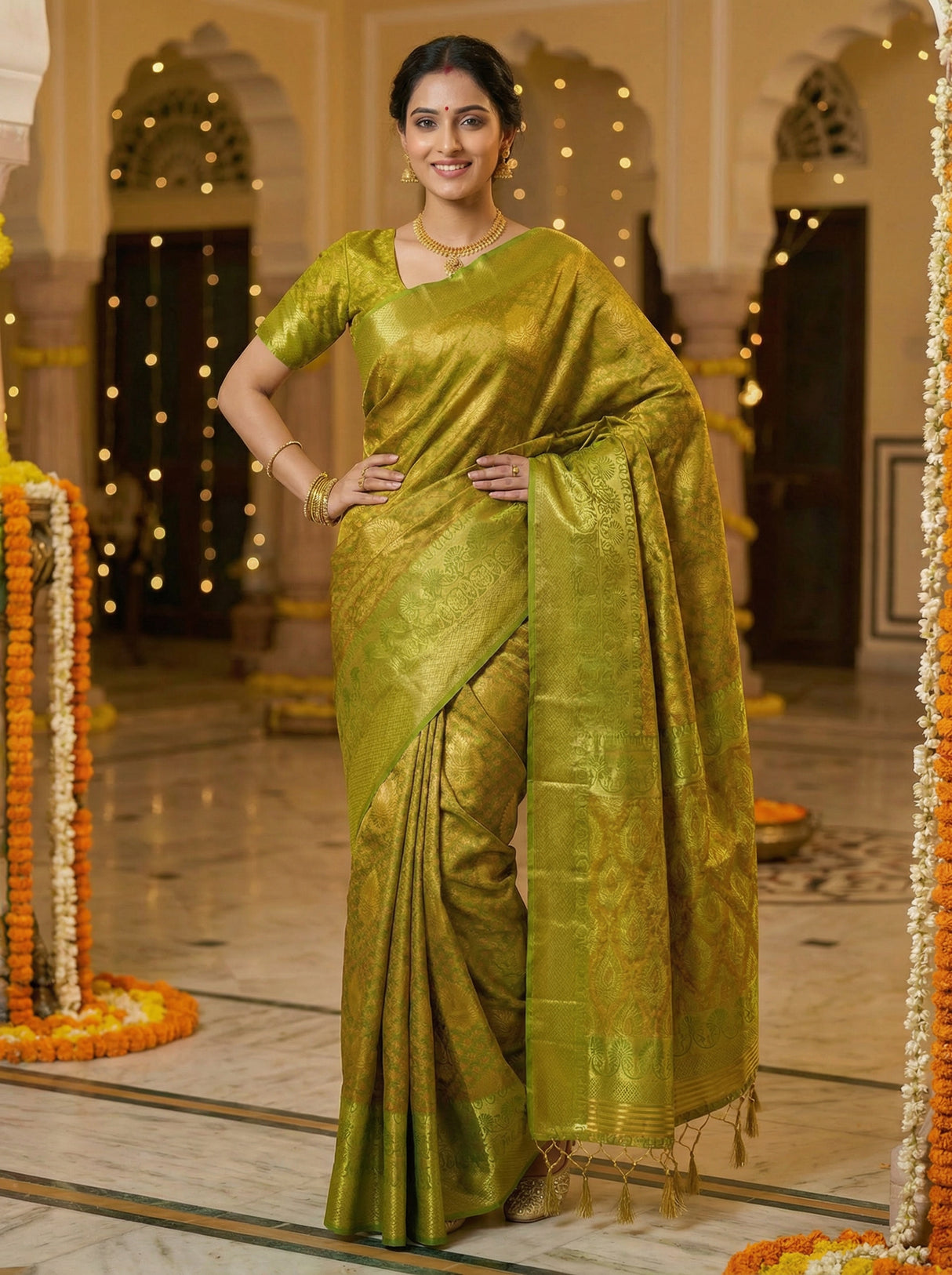 MIMOSA Women's Woven Design Kanjivaram Style Art Silk  Saree with Blouse Piece - Olive ( SA00003144OLFREE )