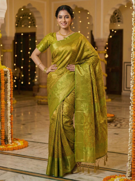MIMOSA Women's Woven Design Kanjivaram Style Art Silk  Saree with Blouse Piece - Olive ( SA00003144OLFREE )