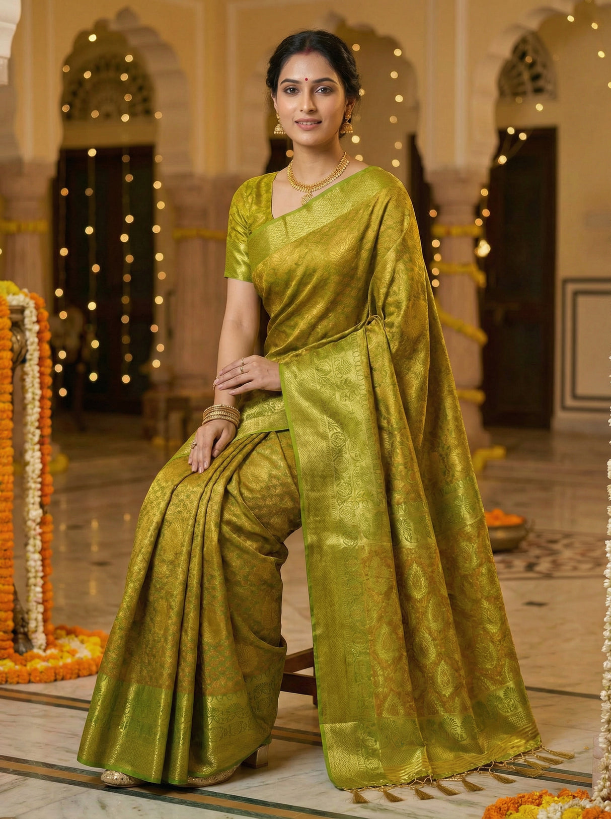 MIMOSA Women's Woven Design Kanjivaram Style Art Silk  Saree with Blouse Piece - Olive ( SA00003144OLFREE )