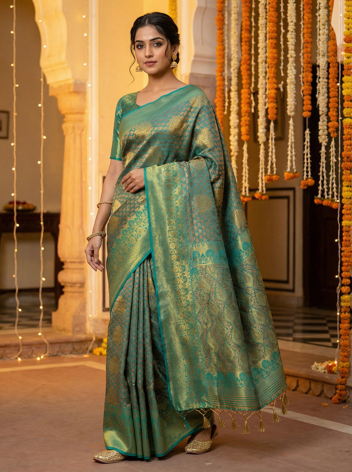 MIMOSA Women's Woven Design Kanjivaram Style Art Silk  Saree with Blouse Piece - Saffire ( SA00003144SFFREE )
