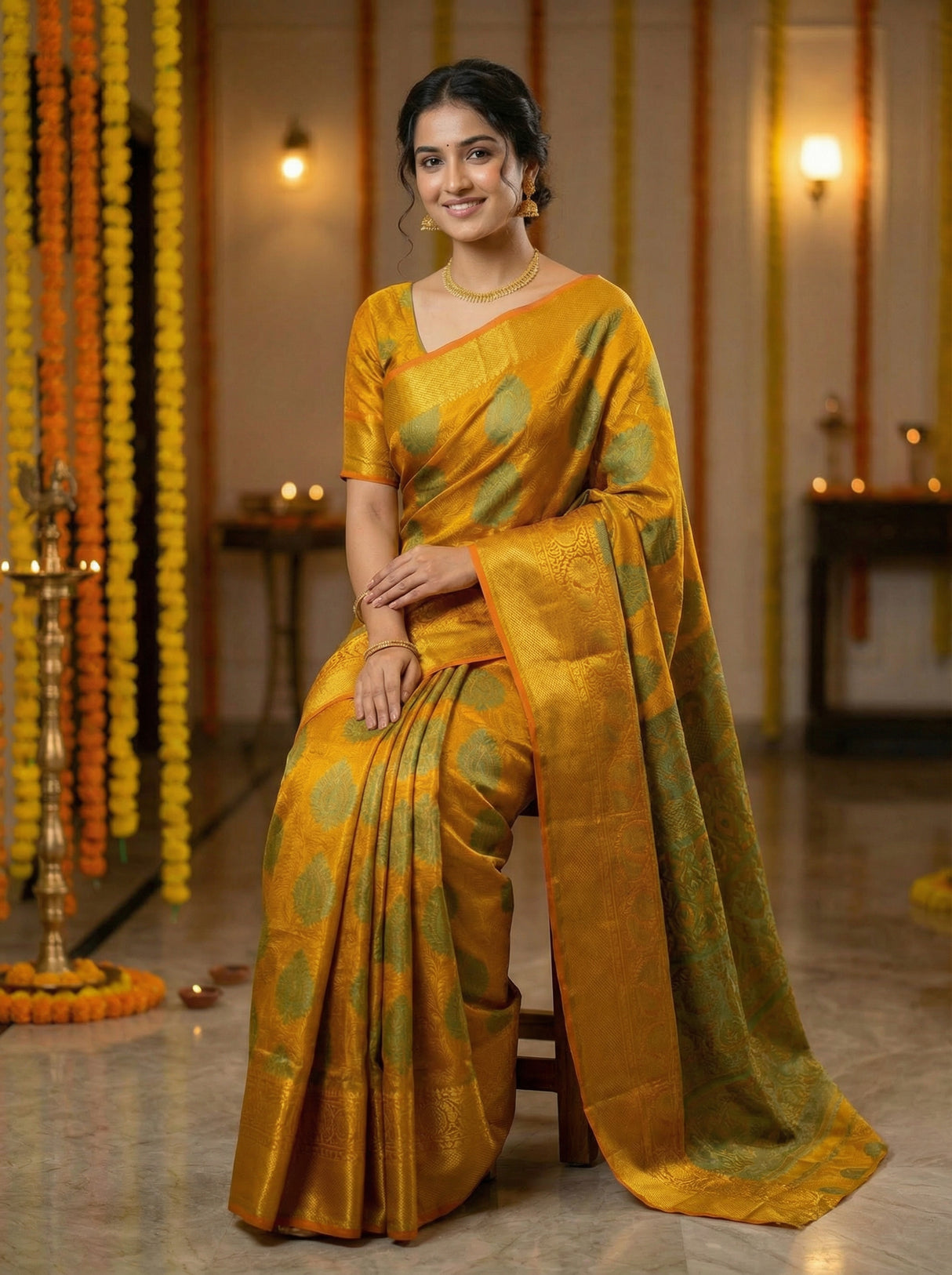 MIMOSA Women's Woven Design Kanjivaram Style Art Silk  Saree with Blouse Piece - Mustard ( SA00003145MSFREE )