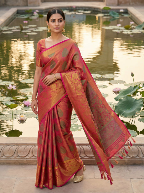 MIMOSA Women's Woven Design Kanjivaram Style Art Silk  Saree with Blouse Piece - Rani ( SA00003145RNFREE )