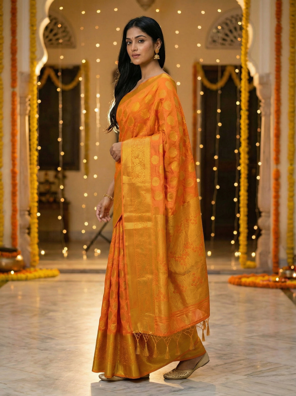 MIMOSA Women's Woven Design Kanjivaram Style Art Silk  Saree with Blouse Piece - Gold ( SA00003146GDFREE )