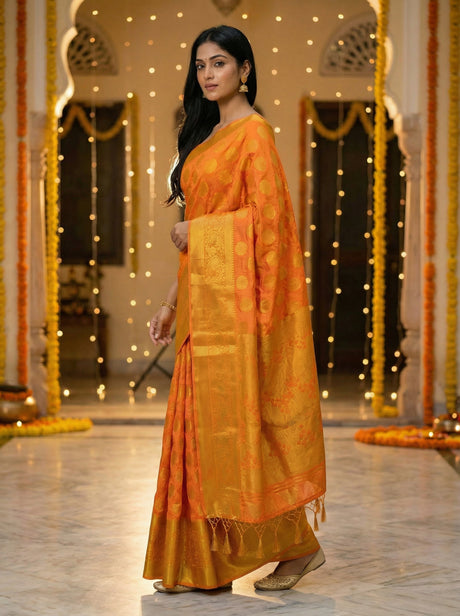 MIMOSA Women's Woven Design Kanjivaram Style Art Silk  Saree with Blouse Piece - Gold ( SA00003146GDFREE )