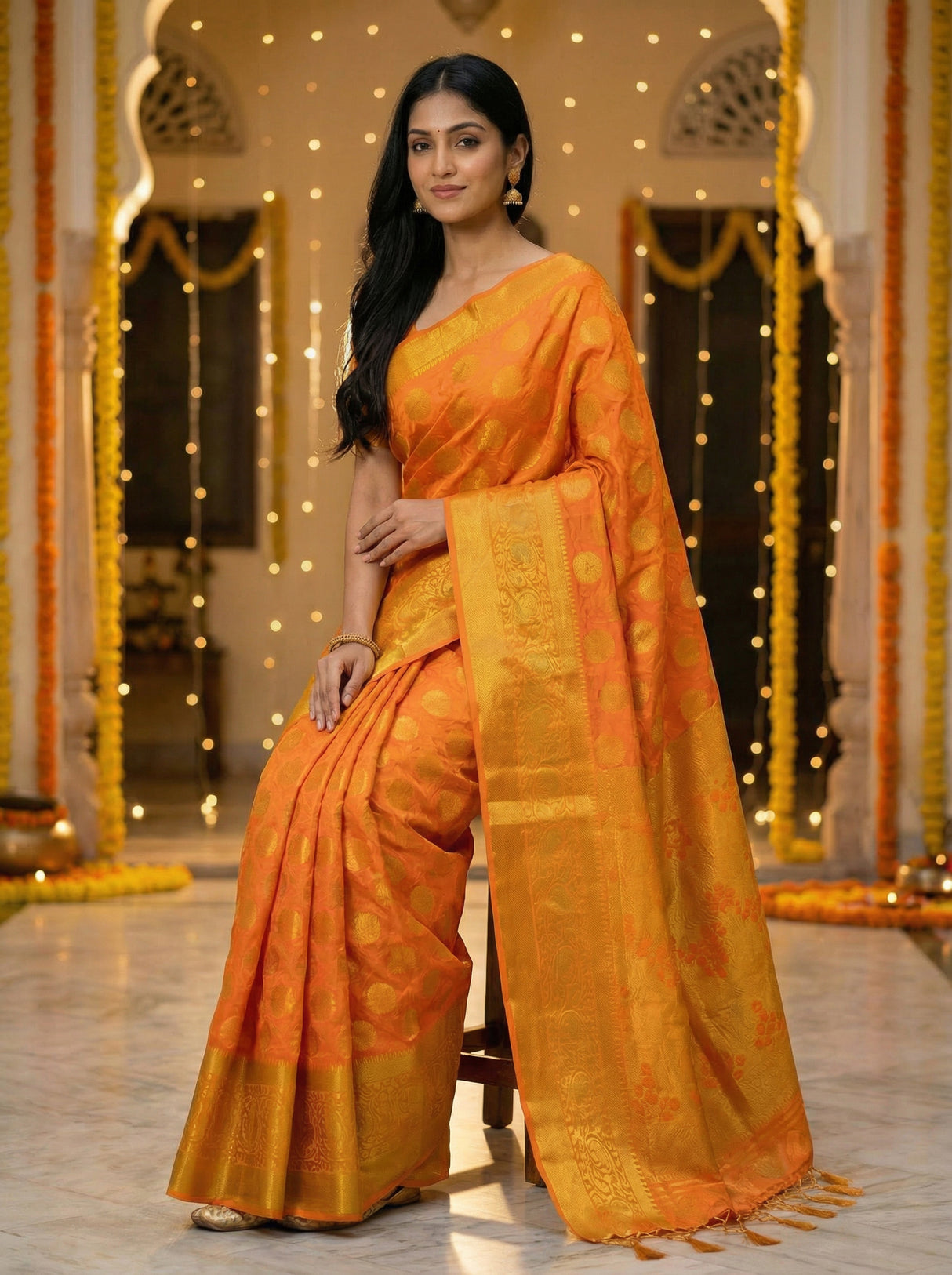 MIMOSA Women's Woven Design Kanjivaram Style Art Silk  Saree with Blouse Piece - Gold ( SA00003146GDFREE )