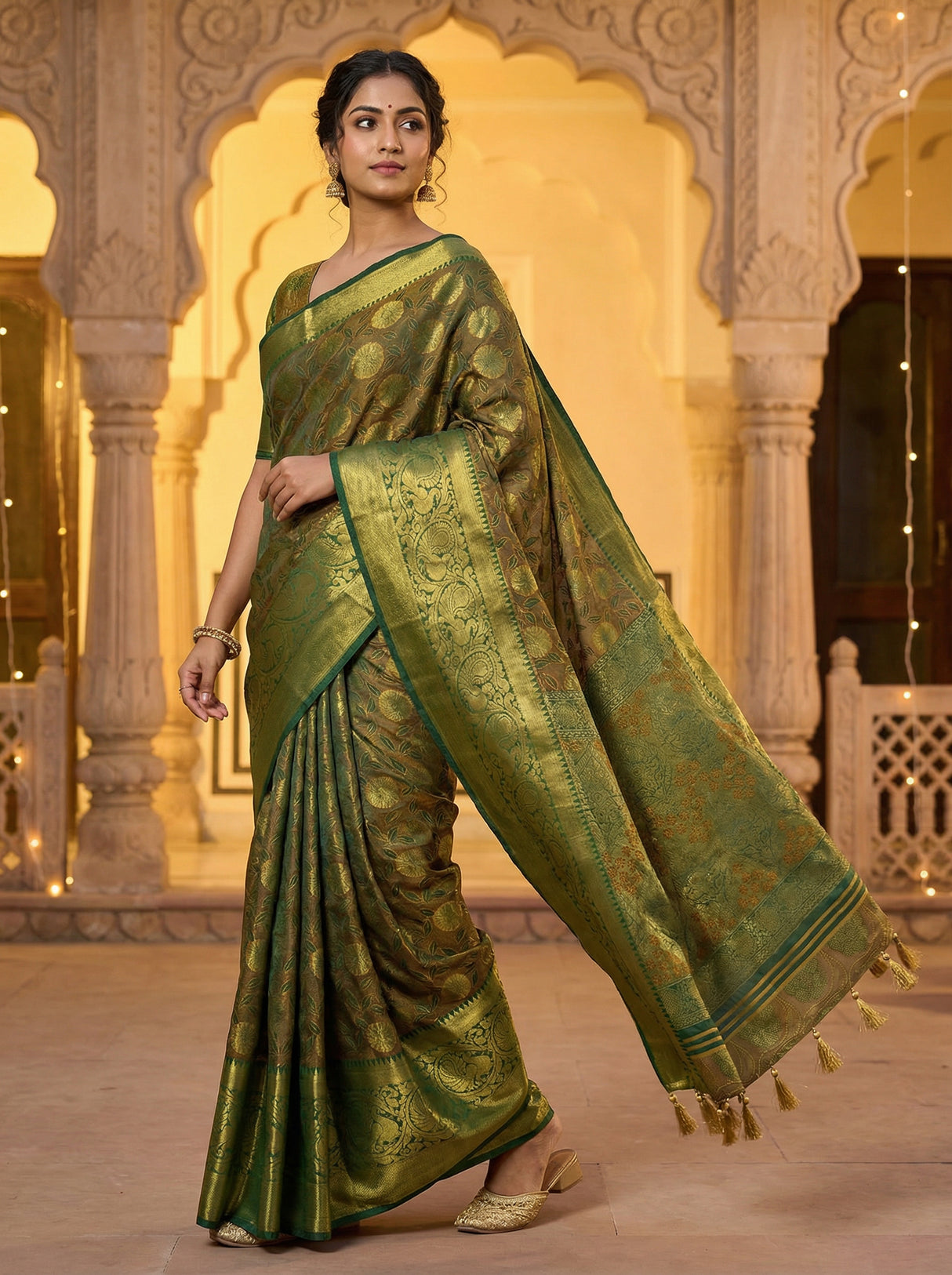 MIMOSA Women's Woven Design Kanjivaram Style Art Silk  Saree with Blouse Piece - Green ( SA00003146GRNFREE )