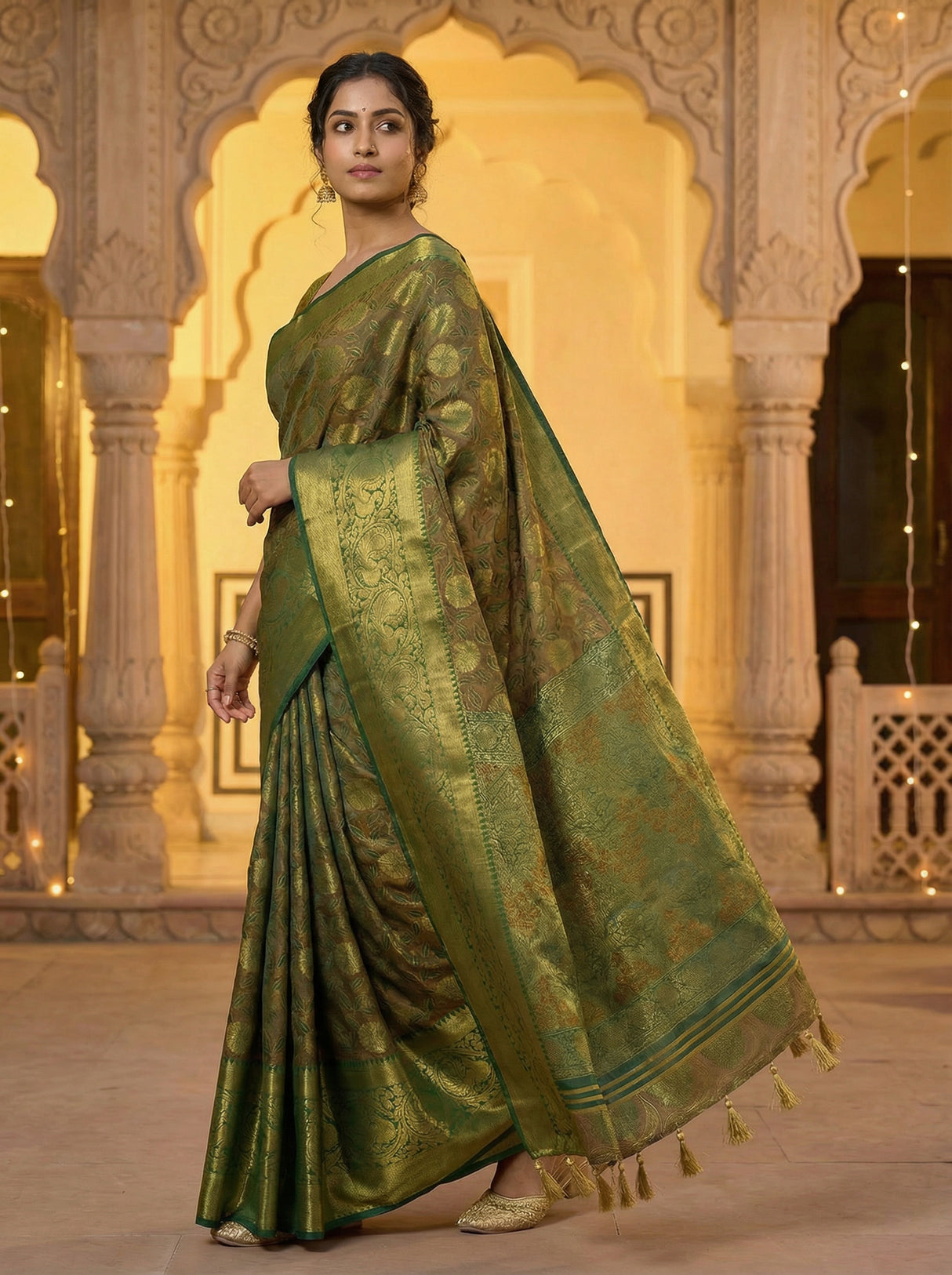 MIMOSA Women's Woven Design Kanjivaram Style Art Silk  Saree with Blouse Piece - Green ( SA00003146GRNFREE )