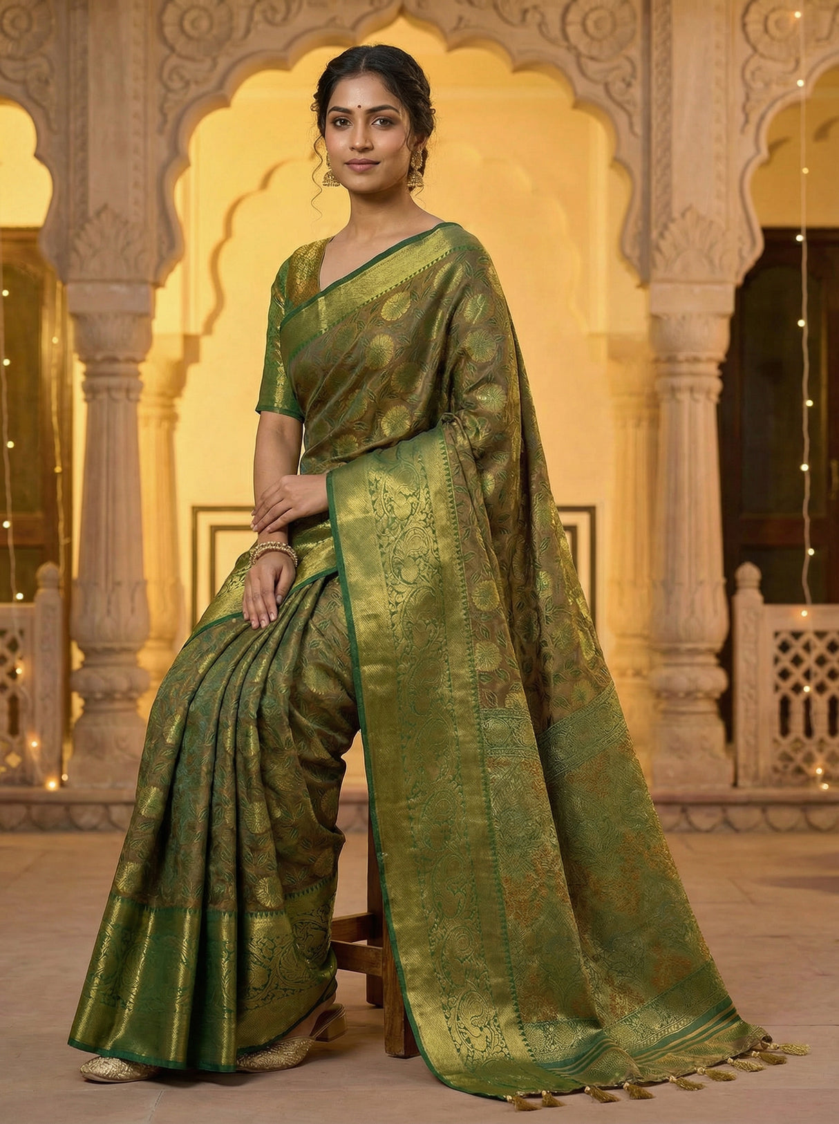 MIMOSA Women's Woven Design Kanjivaram Style Art Silk  Saree with Blouse Piece - Green ( SA00003146GRNFREE )