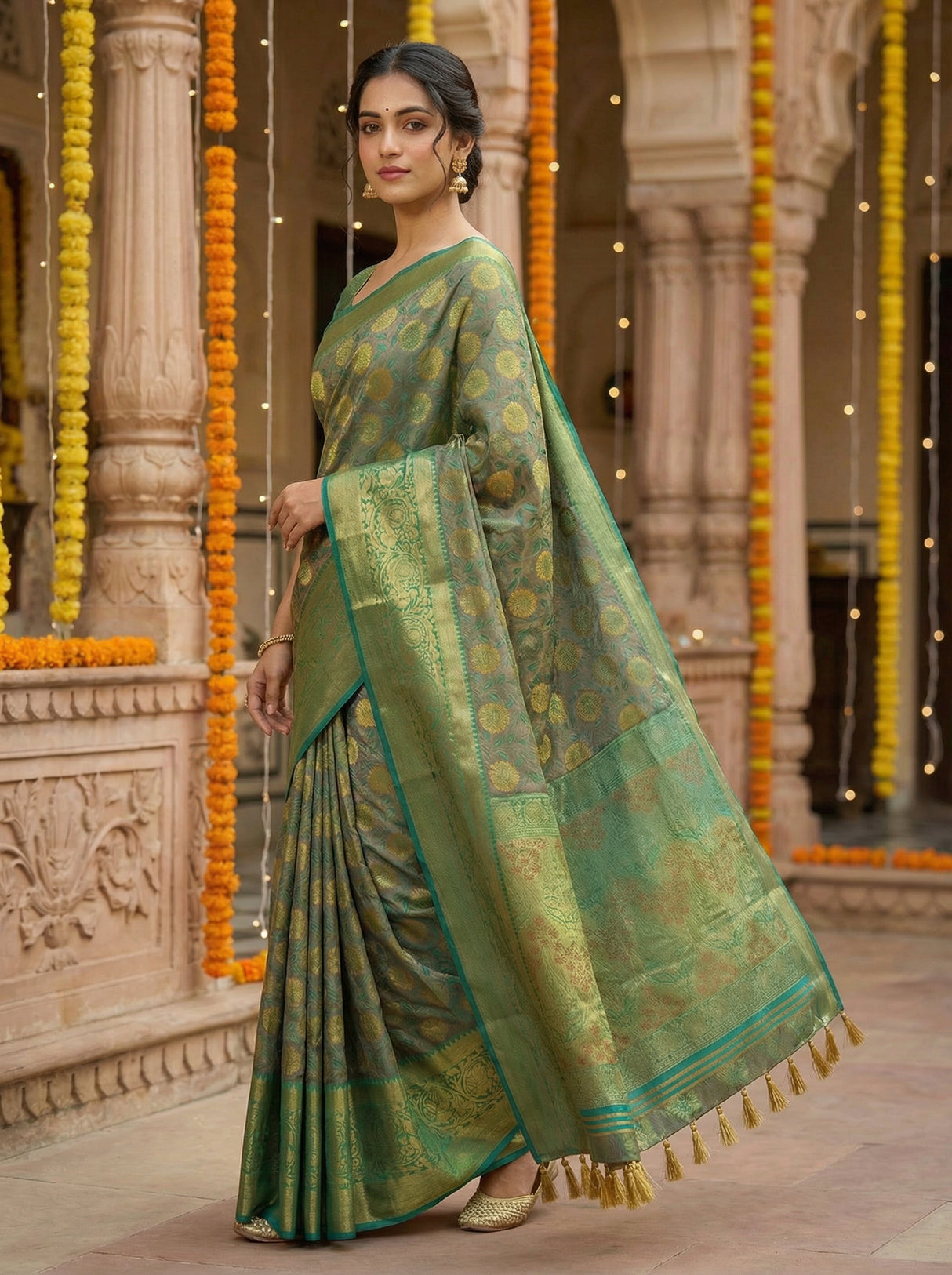 MIMOSA Women's Woven Design Kanjivaram Style Art Silk  Saree with Blouse Piece - Rama ( SA00003146RMFREE )