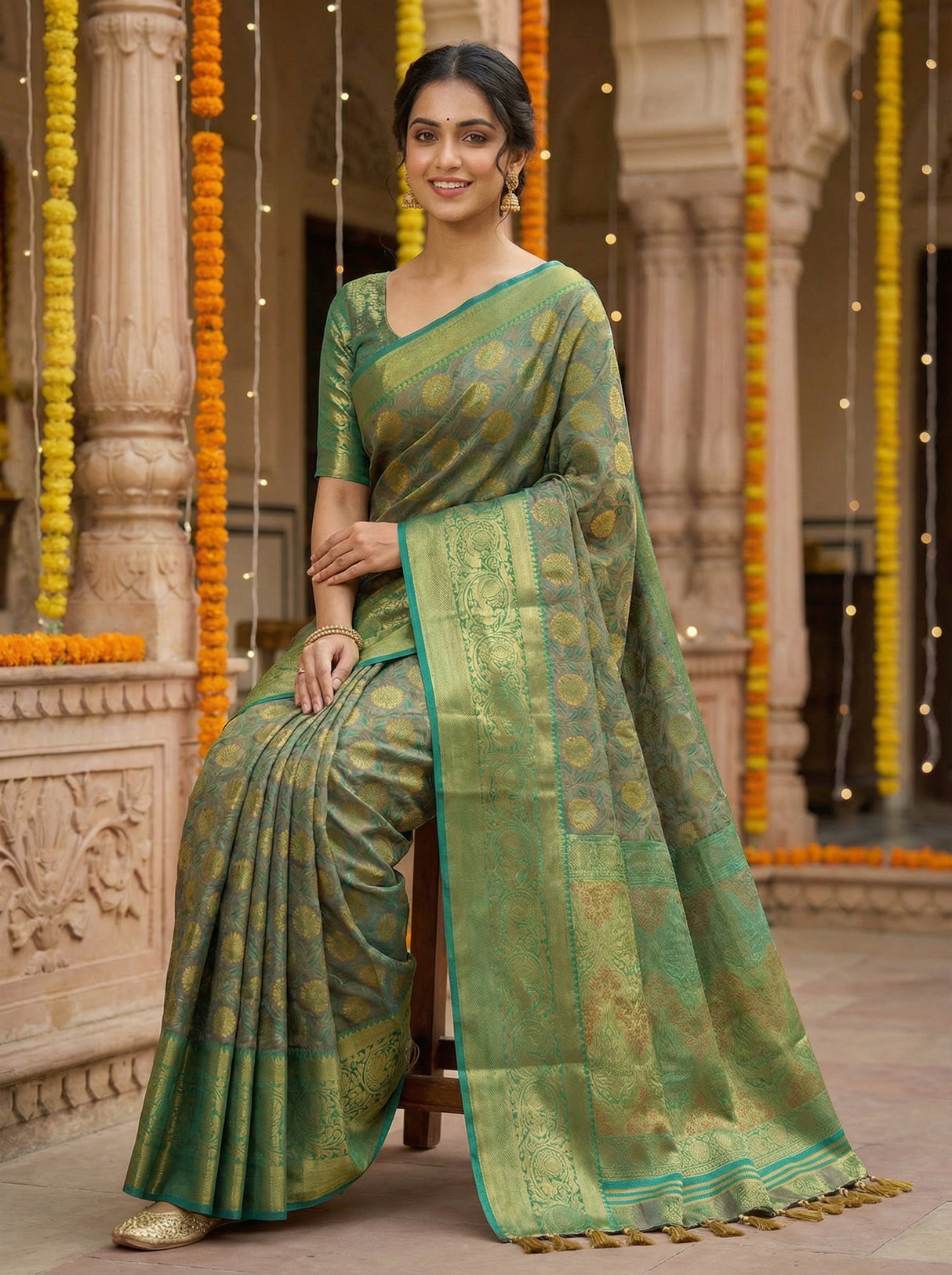 MIMOSA Women's Woven Design Kanjivaram Style Art Silk  Saree with Blouse Piece - Rama ( SA00003146RMFREE )