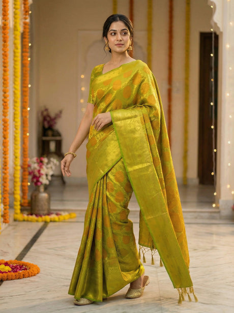 MIMOSA Women's Woven Design Kanjivaram Style Art Silk  Saree with Blouse Piece - Olive ( SA00003147OLFREE )