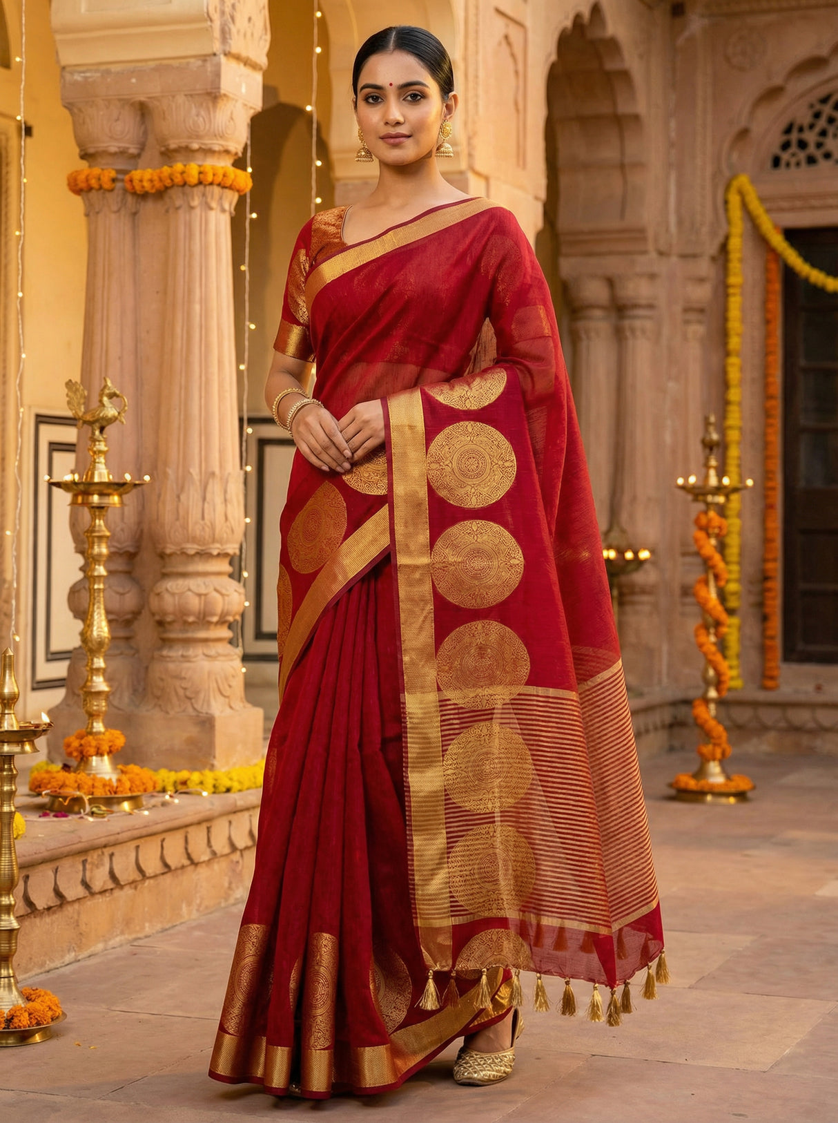 MIMOSA Women's Woven Design Kanjivaram Style Art Silk  Saree with Blouse Piece - Maroon ( SA00003148MRFREE )