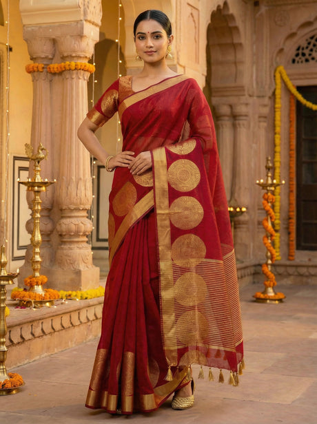 MIMOSA Women's Woven Design Kanjivaram Style Art Silk  Saree with Blouse Piece - Maroon ( SA00003148MRFREE )