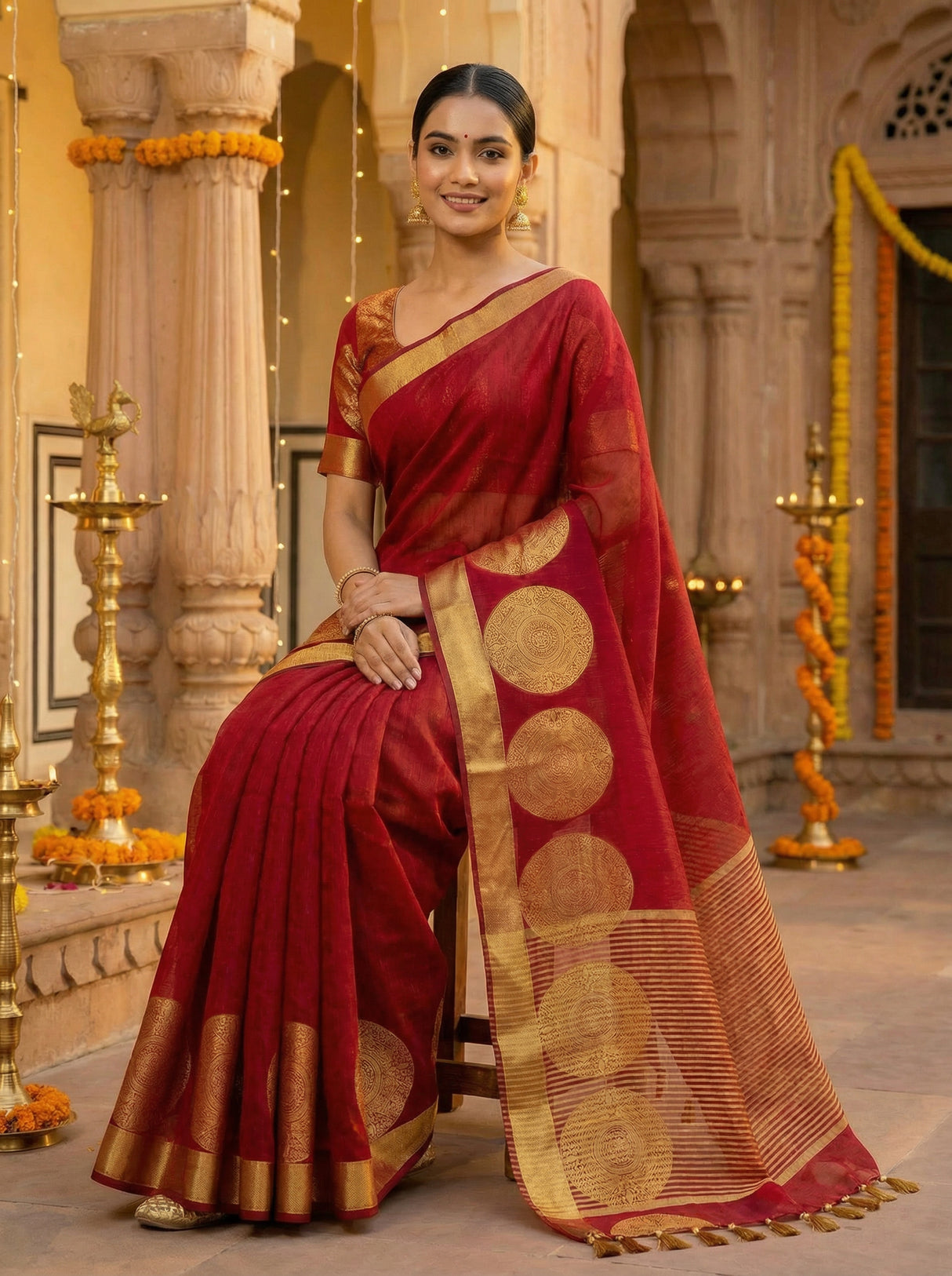 MIMOSA Women's Woven Design Kanjivaram Style Art Silk  Saree with Blouse Piece - Maroon ( SA00003148MRFREE )