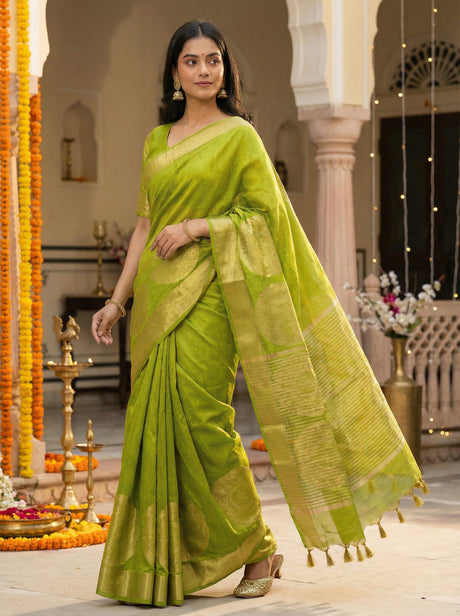 MIMOSA Women's Woven Design Kanjivaram Style Art Silk  Saree with Blouse Piece - Olive ( SA00003148OLFREE )