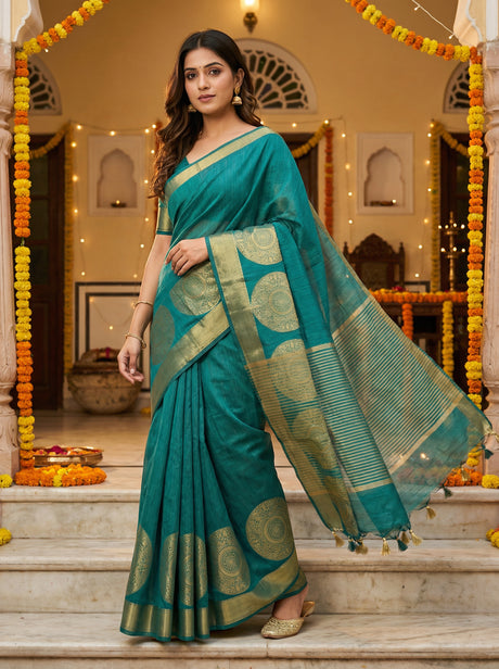 MIMOSA Women's Woven Design Kanjivaram Style Art Silk  Saree with Blouse Piece - Rama ( SA00003148RMFREE )