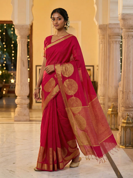 MIMOSA Women's Woven Design Kanjivaram Style Art Silk  Saree with Blouse Piece - Rani ( SA00003148RNFREE )