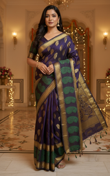 MIMOSA Women's Woven Design Kanjivaram Style Art Silk  Saree with Blouse Piece - Navy ( SA00003149NVFREE )