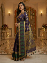MIMOSA Women's Woven Design Kanjivaram Style Art Silk  Saree with Blouse Piece - Navy ( SA00003149NVFREE )