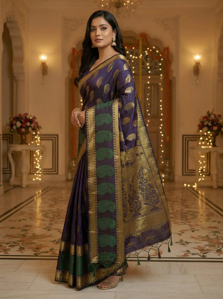 MIMOSA Women's Woven Design Kanjivaram Style Art Silk  Saree with Blouse Piece - Navy ( SA00003149NVFREE )