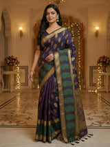 MIMOSA Women's Woven Design Kanjivaram Style Art Silk  Saree with Blouse Piece - Navy ( SA00003149NVFREE )