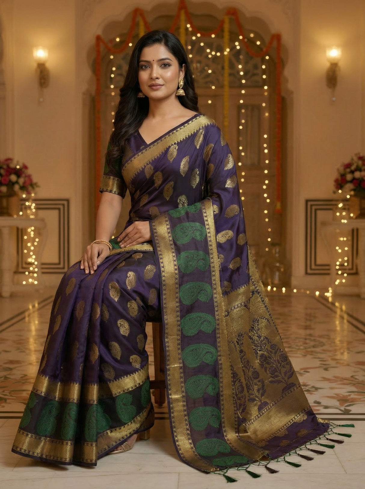 MIMOSA Women's Woven Design Kanjivaram Style Art Silk  Saree with Blouse Piece - Navy ( SA00003149NVFREE )