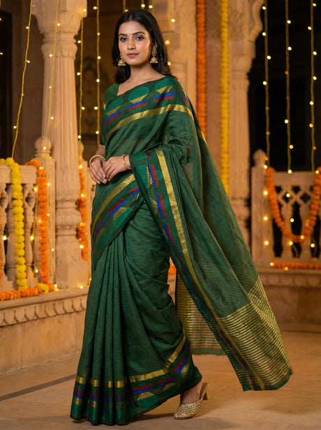 MIMOSA Women's Woven Design Banarasi Style Tussar Silk Saree with Blouse Piece - Green ( SA00003150GRNFREE )