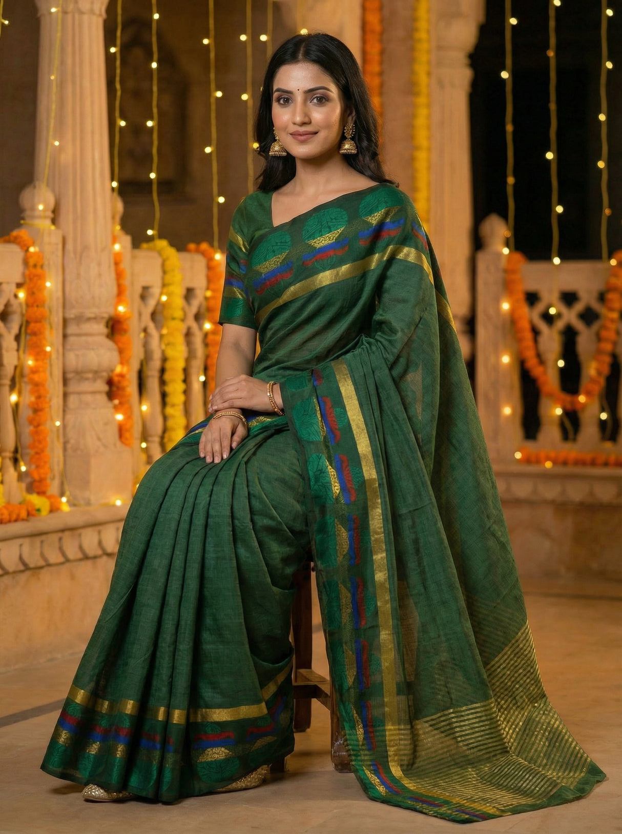 MIMOSA Women's Woven Design Banarasi Style Tussar Silk Saree with Blouse Piece - Green ( SA00003150GRNFREE )